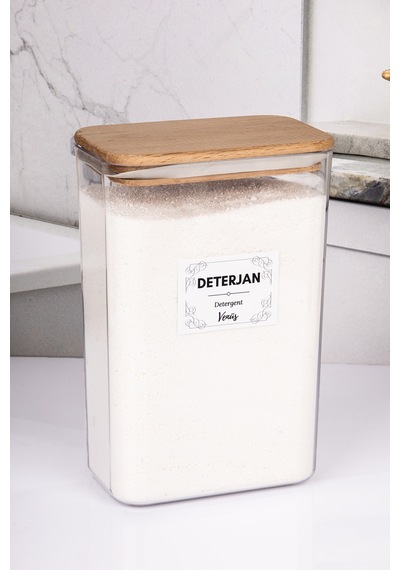 Ahşap Vakumlu Kapaklı Toz Deterjan Kutusu 3 Litre 2,5 Kg Kapasiteli Şeffaf