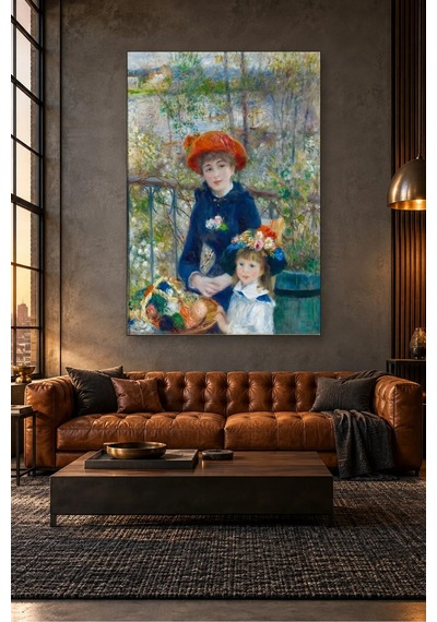 Fida Renoir Terasta Kırmızı Şapkalı İki Kız Kardeş Canvas Tablo Çok Renkli