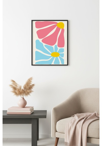 Doğal Ahşap Çerçeveli Retro Pop Art Çiçek Tablo - Pembe Mavi Floral Huhu2740