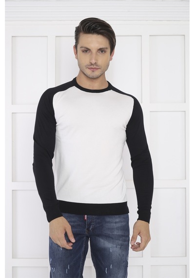 Escetic Erkek Spor Slimfit Beyaz Bisiklet Yaka Triko Örme Kumaş Kazak-428 Beyaz