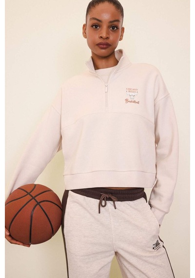 DeFacto Fit NBA Chicago Bulls Yarım Fermuarlı Kadın Sweatshirt - Ekru D6123AX25SPER218