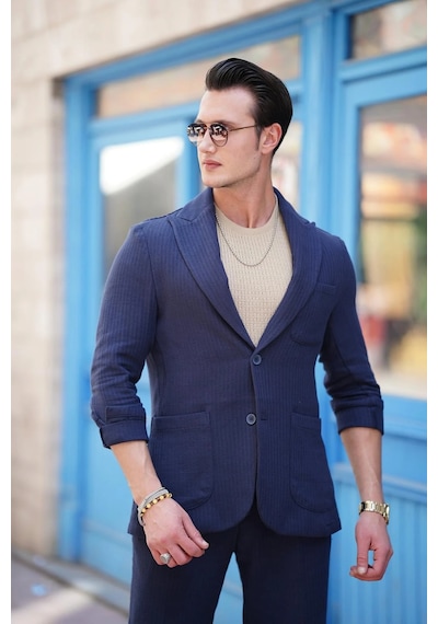 Modefendi %100 Pamuk Keten Modern Fit Keten Ceket Lacivert
