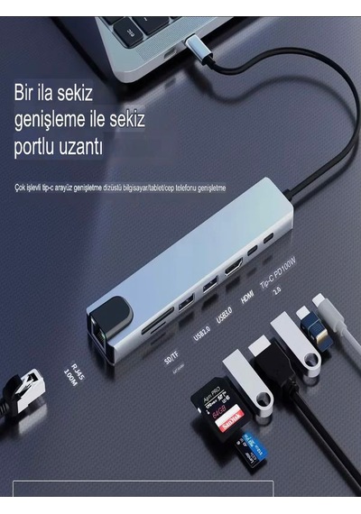 8in1 Aluminium Pd100w Hızlı Şarj 4k 1xethernet 1xhdm 2xusb 2xtype-c Tf/sd Usb Çoklayıcı Çevirici