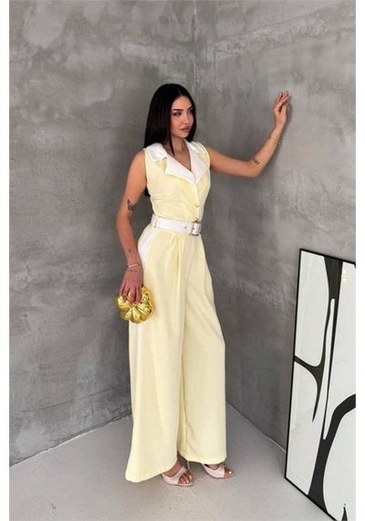Neşeli Butik Kadın Sarı Çift Renkli Kemerli Şerit Detaylı Tam Boy Kolsuz Tulum Nbk087
