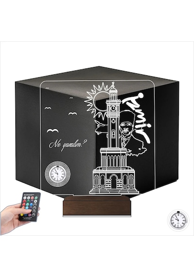 Luvivia İzmir Saat Kulesi Atatürk Tasarım Kişiye Özel Metal Saatli 3d Lamba - Masa Gece Lambası