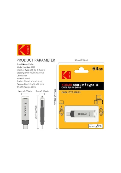 Kodak Usb3.2 Tipi C Flash Sürücü 256gb 128gb 32gb Smartphone Laptop İçin 256gb
