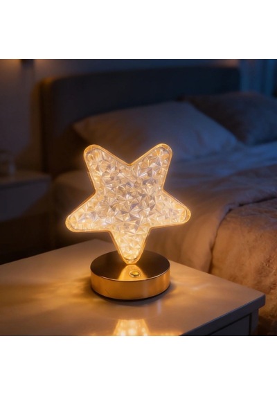 Yıldız Model Kristal Led Masa Lambası Dokunmatik, 3 Renk Işık Modlu, Şarjlı Mini Dekoratif Gece Lambası Beyaz
