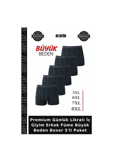 Grey Cat Premium Günlük Likralı İç Giyim Erkek Füme Büyük Beden Boxer 5'li Paket
