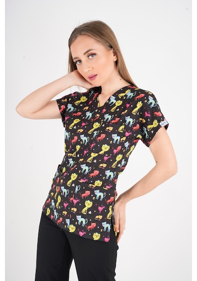 Unisex Cool Cats Club Desenli Doktor Hemşire Hastane Aşçı Mutfak Scrubs Tek Üst Üniforma Siyah