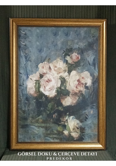 Antika Gold Çerçeveli Pastel Tonlu Mavi Güller Tablosu - Vintage Salon Duvar Dekoru 80x60 Cm