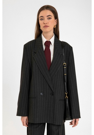 Antioch Kadın Çizgili Oversize Blazer Ceket Siyah
