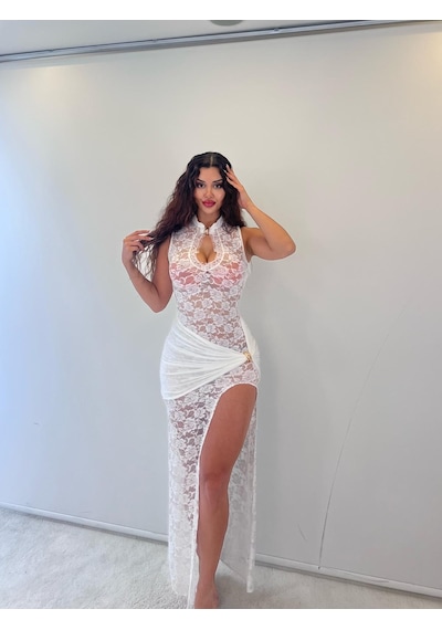 Pink Life Beyaz Dantel Toka Detaylı Maksi Elbise Beyaz