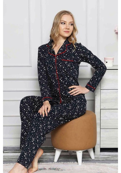 Alimer Lacivert Kadın Önden Düğmeli Uzun Kollu Pijama Takım EDY2536UK-L Lacivert
