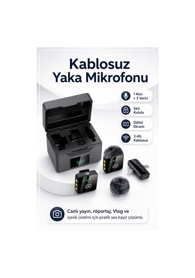 Kablosuz Tüylü Siyah Yaka Mikrofonu 1 Alıcı 2 Verici Şarj Kutulu Dijital Ekranlı 2.4g Gürültü Azaltmalı Type-c Lightning Uyumlu Mikrofon Seti Siyah Siyah