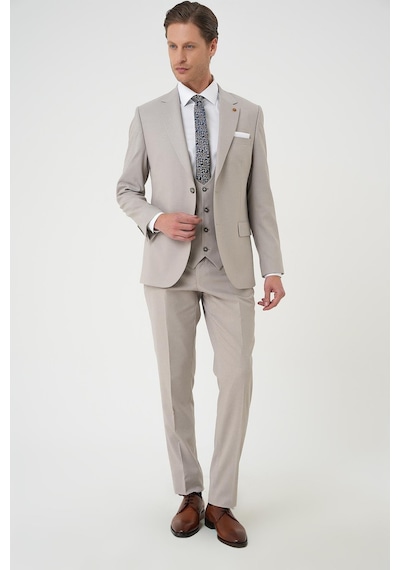 Efor Slim Fit Çift Yırtmaç Keten Karışımlı Yelekli Klasik Taş Takım Elbise Tk 914 Taş
