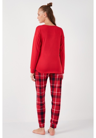 Lela Streç Standart Fit Bisiklet Yaka Desenli Bayan Pijama Takımı 6095700 Kırmızı