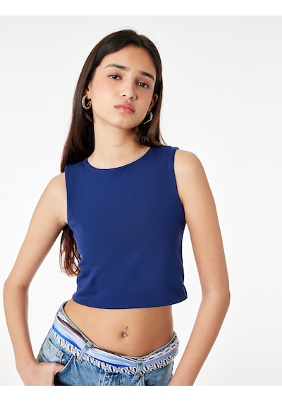 Koton Kolsuz Bisiklet Yaka Slim Fit Crop Bluz Lacivert 6sal30050ık
