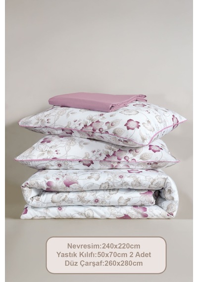 Elart Rose Nevresim Takımı King Size Battal Boy Digital Baskılı %100 Pamuk Saten Dantelli 240x220 Cm Pudra Pudra