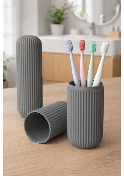 Gri Seyahat Tipi Organizer Taşıma Kabı Diş Fırçası Gözlük Makyaj Fırçası Kutusu 19 cm