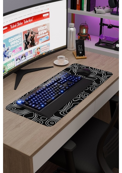 Siyah Beyaz 70x30 Xl Taraftar Gaming Oyuncu Mouse Pad Kaymaz Taban Büyük Fare Altlığı Topography