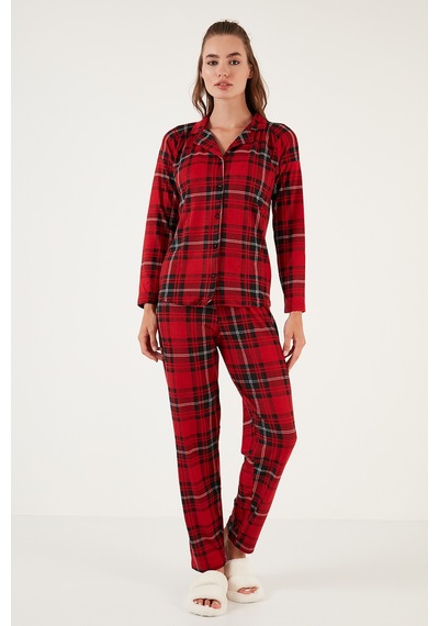 Lela Desenli Beli Lastikli Gömlek Yaka Dokuma Bayan Pijama Takımı 6095660W4 Kırmızı-Siyah