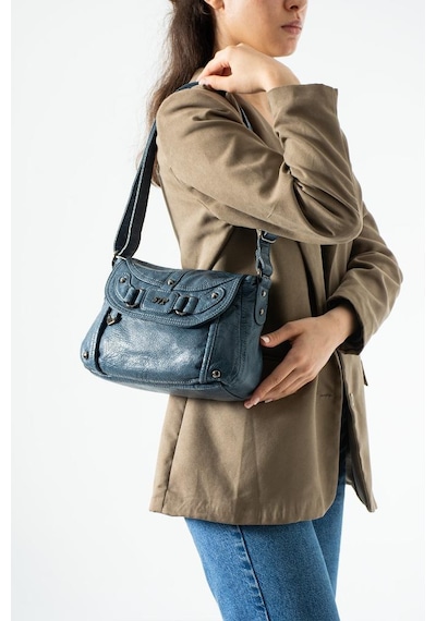 Baginn Yıkama Deri Günlük Kadın Postacı Çanta Çapraz Askılı Omuz Çantası Suni Deri 26 20 Cm Kapaklı Model Mavi