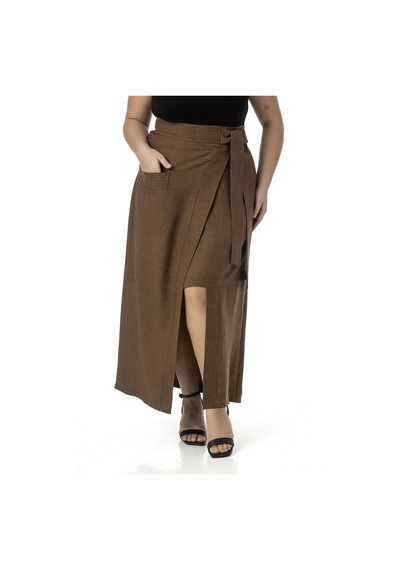 Disentis Büyük Beden Önden Yırtmaçlı Süs Bağlama Detaylı Torba Cepli Kahverengi Midi Etek Kahverengi Disentis Büyük Beden Önden Yırtmaçlı Süs Bağlama Detaylı Torba Cepli Kahverengi Midi Etek Kahverengi
