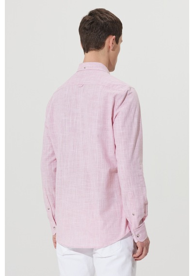 Ac&Co / Altınyıldız Classics Erkek Bordo Slim Fit Dar Kesim Düğmeli Yaka Keten Görünümlü %100 Pamuk Flamlı Gömlek Bordo