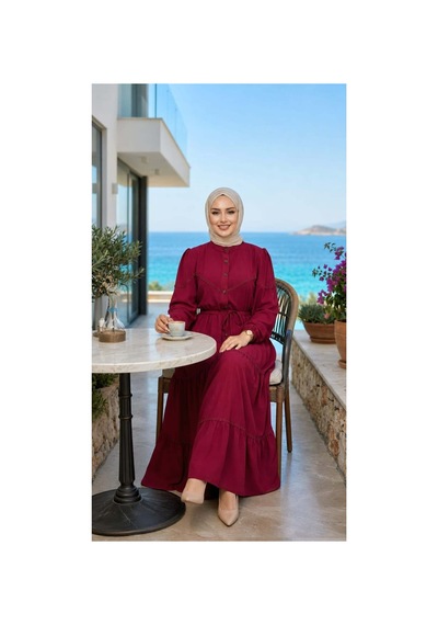 Hb Harma Time Butik Kadın Dantel Detaylı Beli Bağcıklı Ayrobin Bordo Elbise Bordo Bordo