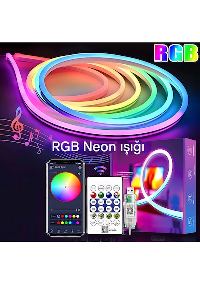 5v Rgb Neon Şerit Led Lamba 3 Metre Telefon Ve Kumanda İle Kontrol Sınırsız Renk Tak Çalıştır Çok Renkli