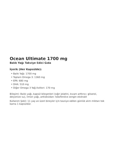 Ocean Ultimate 1700 Mg Balık Yağı 39 Softjel Kapsül
