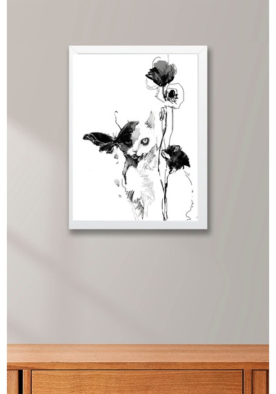 Modern Sanatsal Kedi Ve Kelebek Çerçeveli Tablo - Minimalist Monochrome Duvar Dekoru Beyaz
