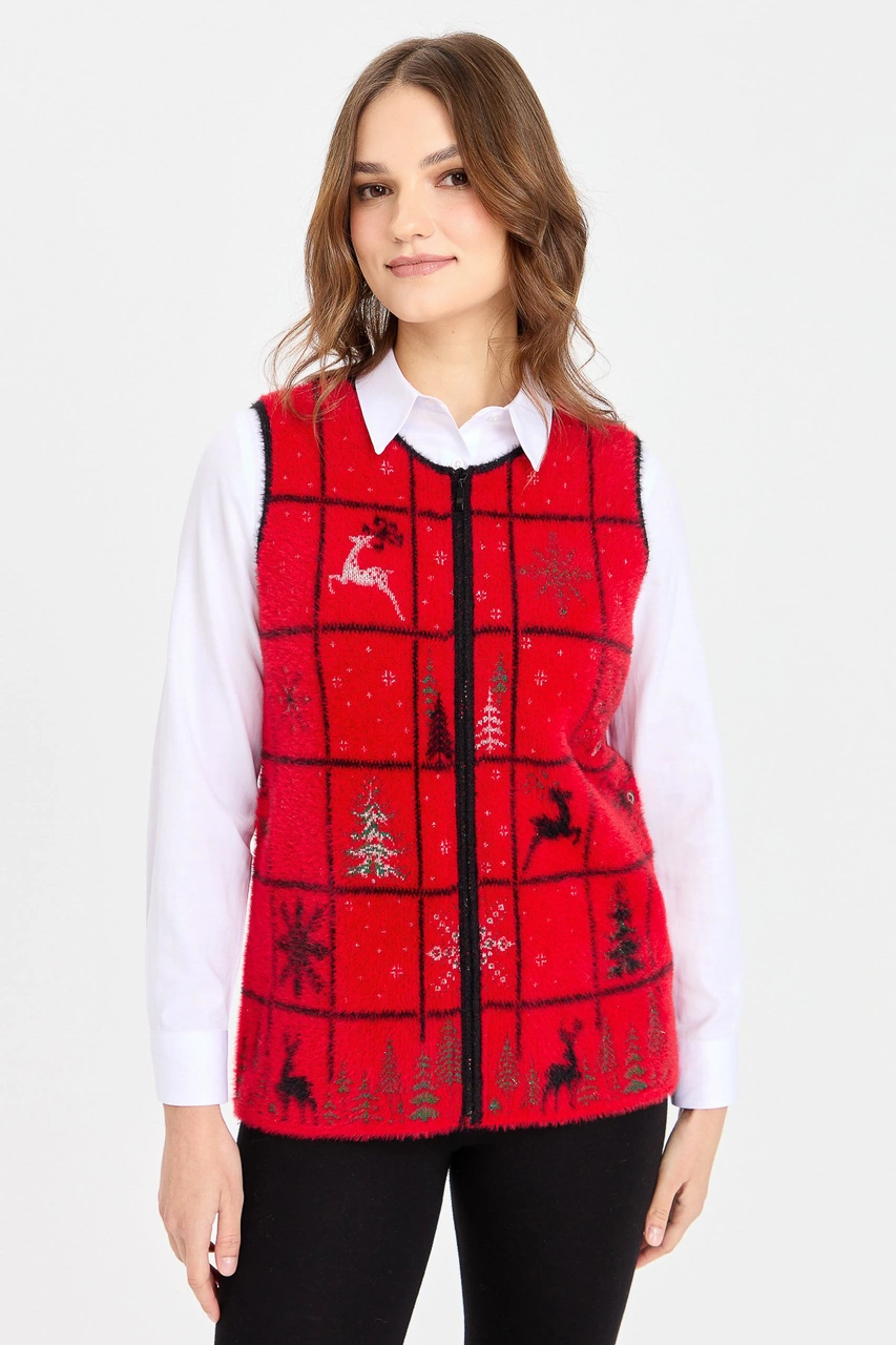Desen Triko Kadın Sıfır Yaka Patchwork Yılbaşı Desenli Yelek Kırmızı Kırmızı