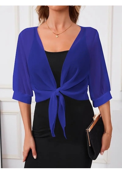 Efnaz Style Kadın Truvakar Kol Önden Bağlamalı Kısa Şifon Bolero Ceket mavi