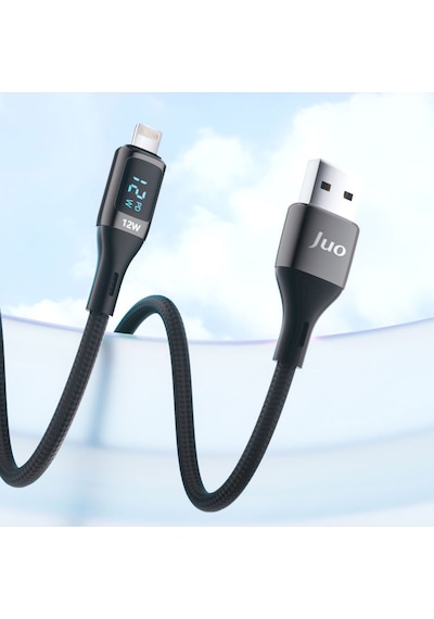 Juo 12W Dijital Led Ekranlı Usb-a To Lightning Apple Uyumlu iPhone iPad Örgülü Hızlı Şarj ve Data Kablosu 2M
