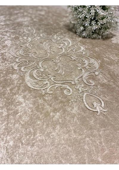 Milas Kaymaz Taban, Kadife Dantel Detaylı 2'li Süper Lüks Oval Banyo Paspası Seti, Kahverengi, 60x100 Cm Altın - Beyaz - Siyah