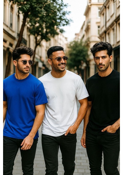 Rich Erkek 3'lü Paket Siyah-kırmızı-mavi Pamuklu Oversize Tişört Bisiklet Yaka Kısa Kollu T-shirt Mavi