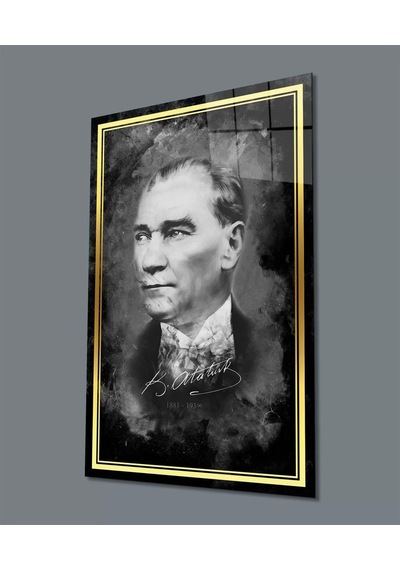 Şerit Atatürk Portresi Siyah Beyaz Cam Tablo, Uv Baskılı Ve Temperli, Hediyelik