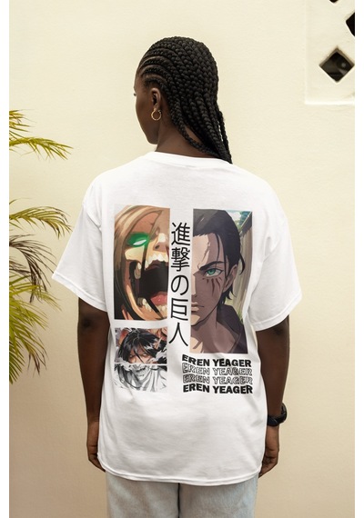 Attack On Titan Eren Yeager Sırt Baskılı Unisex Oversize Anime Ti Beyaz