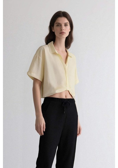 Defacto Cropped Fit Gömlek Yaka Keten Görünümlü Kısa Kollu Bluz C7799ax25sper135 Ekru