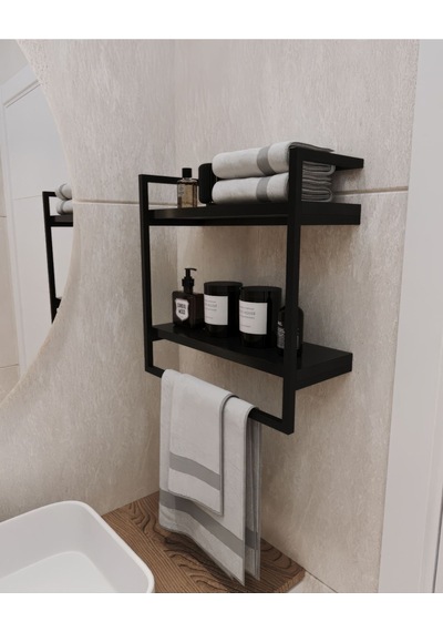 Aju Havluluk 2 Katlı Duvara Monte Raf Aksesuarlık Şal Askılığı Banyo Mutfak Düzenleyiciii Siyah