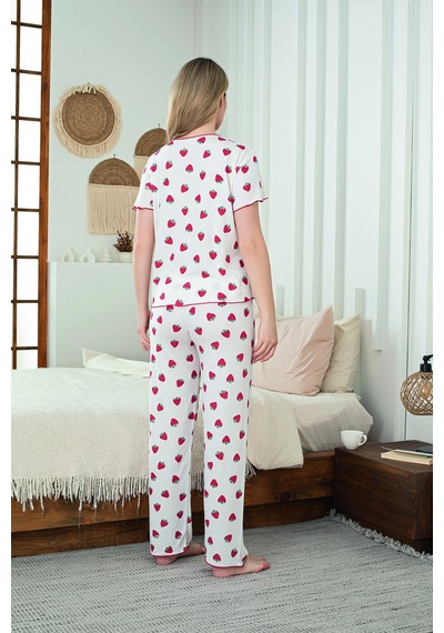 SUDE HOMEWEAR Kadın Örme Kumaş Strawberry Pattern Kısa Kol Pijama Takımı Beyaz