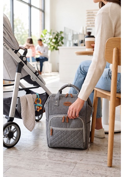 Vıatox Vt-010 Anne Bebek Bakım Sırt Çantası Termal Biberonluk Ve Bebek Arabası Askı Aparatı Hediye Gri