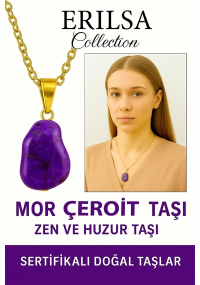 Erilsa Sertifikalı Ham İşlenmemiş Mor Çeroit Taşı Kolye Ruhsal Şifa, D Çok Renkli