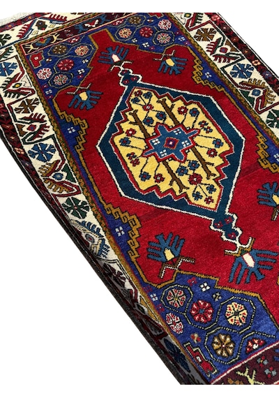 El Dokuma Sıfır Yahyalı Halısı 90x160 Kırmızı Lacivert Kök Boya Yün Halı