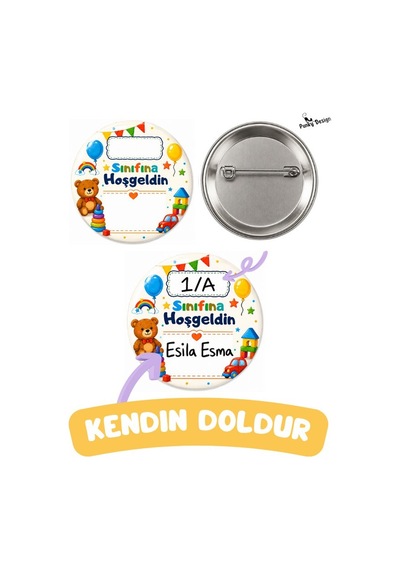 Sınıfına Hoş Geldin 25 Li İsim Yazılabilir 44 Mm Öğrenci Rozeti Seti-okul Seti-1 Çok Renkli