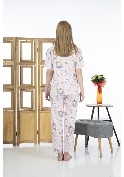 Estiva 24125 Kadın Kittycorn Kısa Kol Önden Düğmeli Yazlık Penye Pijama Takımı 001