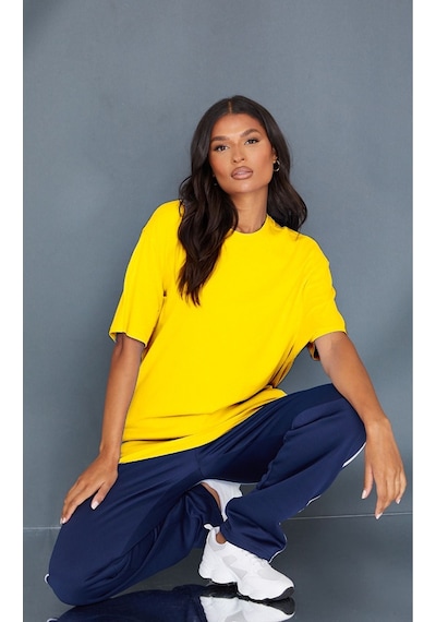 Düz Süprem T-shirt - Sarı Oversize Bisiklet Yaka Kısa Kol Tişört Sari