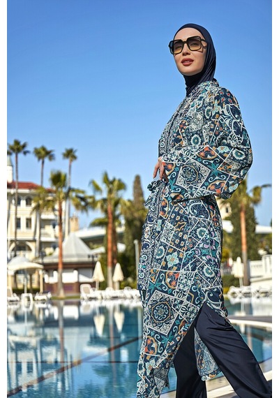 Remsa Mayo Remsa Tesettür Mayo Üzerine Tek Kaftan Kimono Pareo Rp011 İznik Lacivert