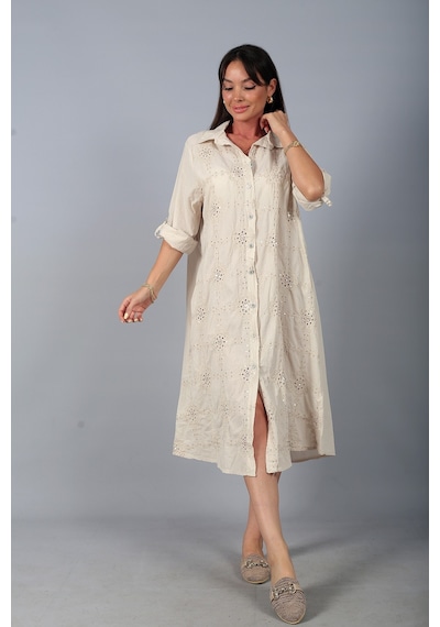 By Saygı Kadın İtalyan Cotton Cepli Kabartma Nakışlı Pullu Oversize Uzun Elbise Bej